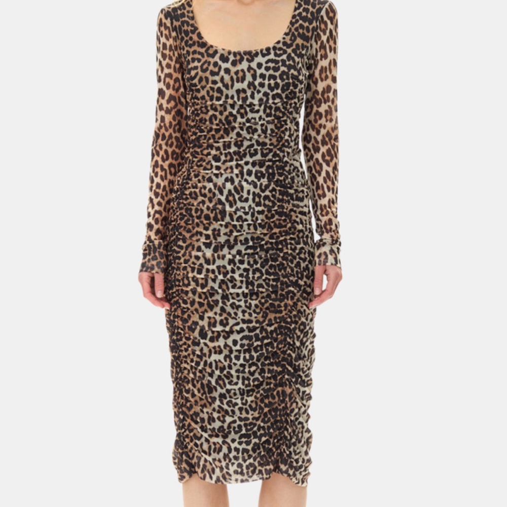 Ganni Leopard Print Long Sleeve Dress - Picture 1 of 7